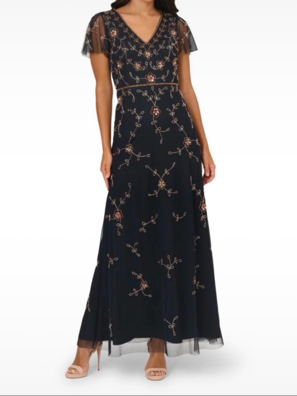 Adrianna Papell Navy Maxi Dress with Rose Gold Embroidery - Picture 1 of 7